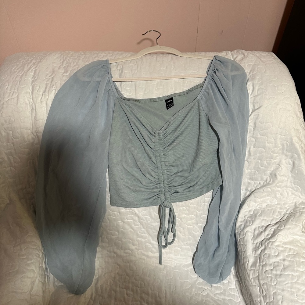 Shein Blue crop top sheer sleeves